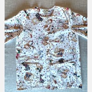 Cottonality Scrubs Top (M) Long Sleeve Snap Closure Vet Groomer Dogs+Cats Print